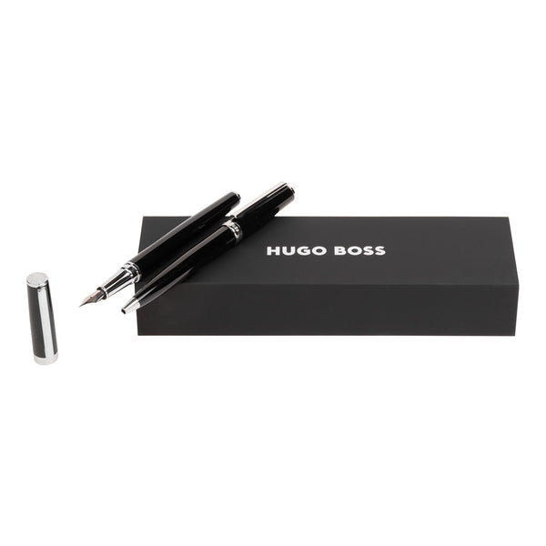 HUGO BOSS, SET Füller + Kugelschreiber, Gear Icon, Chrome, Schwarz